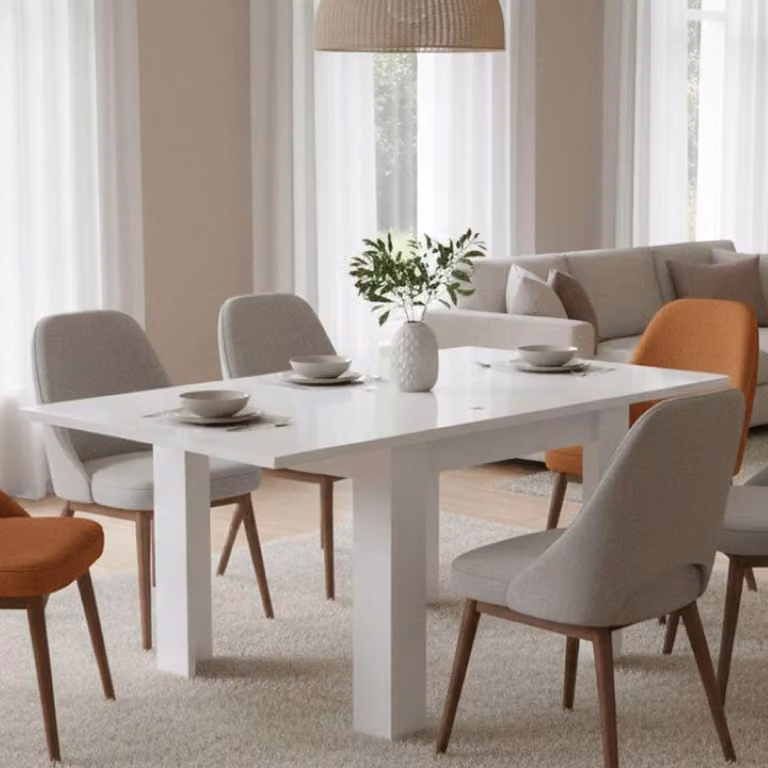 Dmora Tavolo Allungabile Airin 90x90x75h cm Bianco Larice Lucido, 8 Posti Allungabile Italy