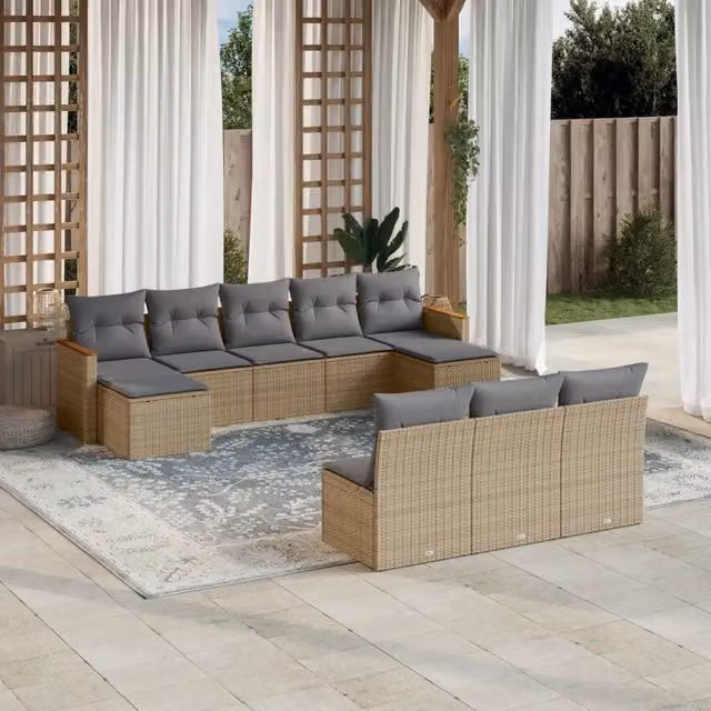 vidaXL Set Divano da Giardino 10 pz in Polyrattan con Cuscini Beige e Grigio e Struttura in Legno di Acacia – 1