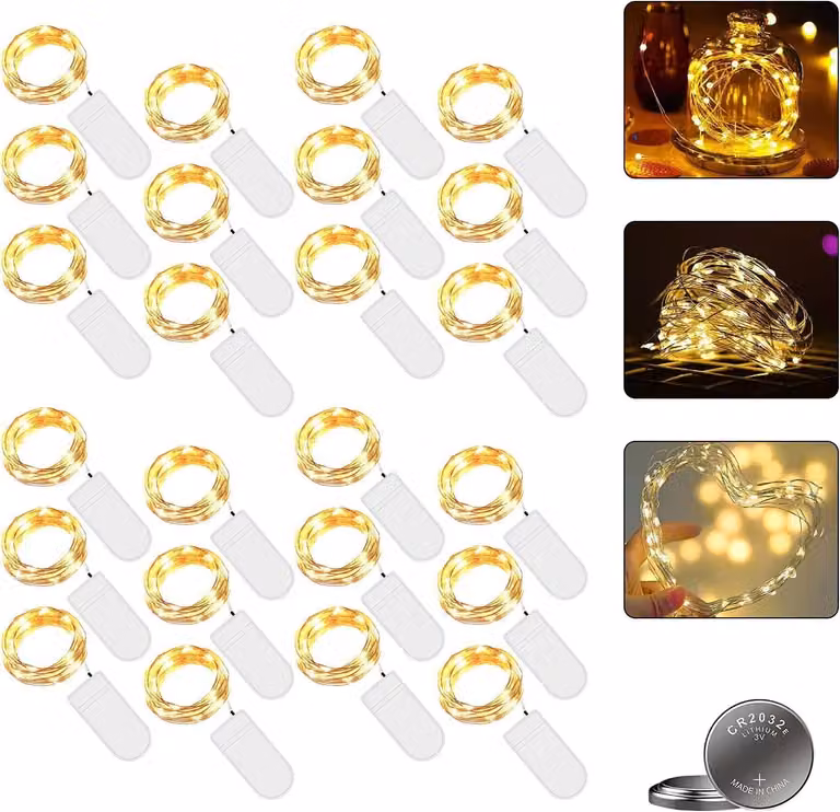 Catena luminosa a LED, 24 luci, 2 metri, 20 LED, luce bianco caldo, filo di rame, grado di protezione IP65