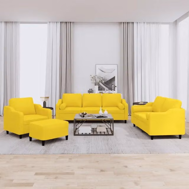 Set di divani moderno vidaXL in tessuto giallo composto da un divano a 3 posti, un divano a 2 posti, un pouf e cuscini coordinati – 1
