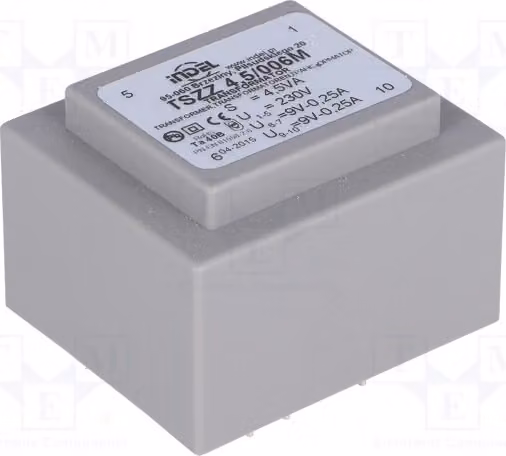 1 trasformatore: rivestito, 4,5 VA, 230 VAC, 9 V, 0,22 A, 9 V, 0,25 A, grado di protezione IP00, modello TSZZ4.5/006M - Tra
