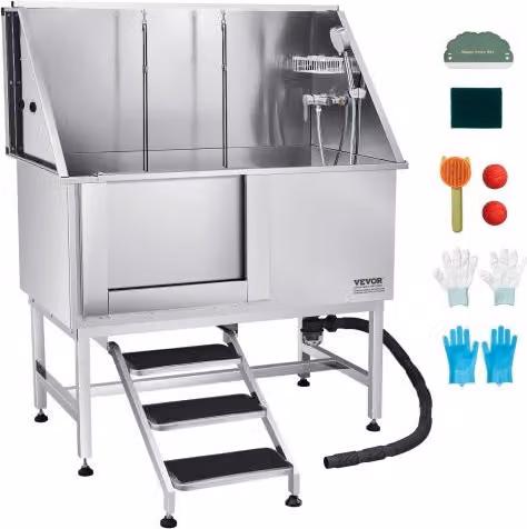 Stazione di Lavaggio per Cani Vevor in Acciaio Inox Color Argento, Vasca per Toelettatura con Scale e Pannello Filtro, L: 127 cm, P: 70 cm, H: 154,5 cm