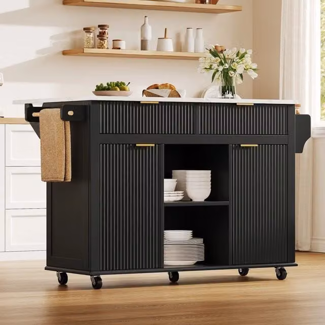 Isola da cucina moderna REDOM con piano ribaltabile in MDF, colore Nero e Naturale, L: 143 cm, P: 45-69 cm, H: 89,5 cm