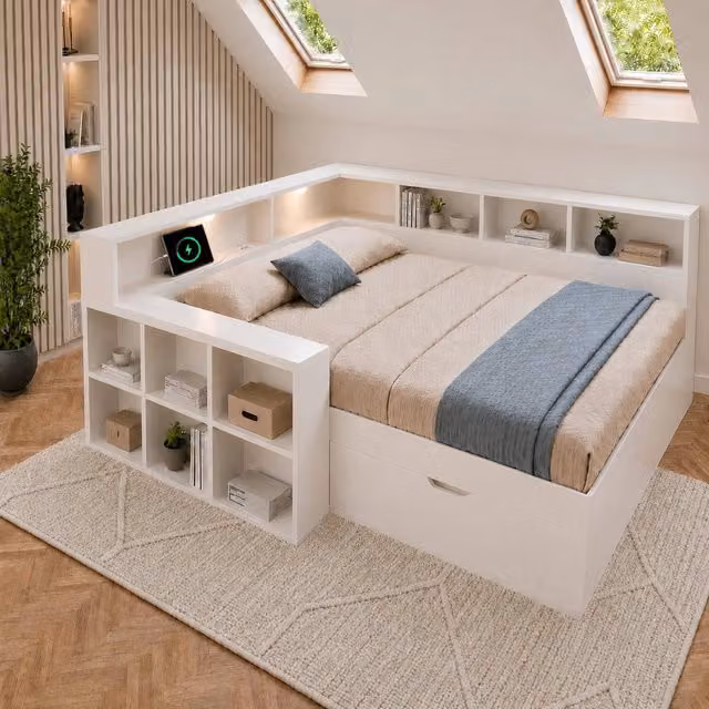 Letto 140 × 190 cm con cassetti; ripiani; luci da lettura e porte USB Type-C bianco in pannelli di legno con rete