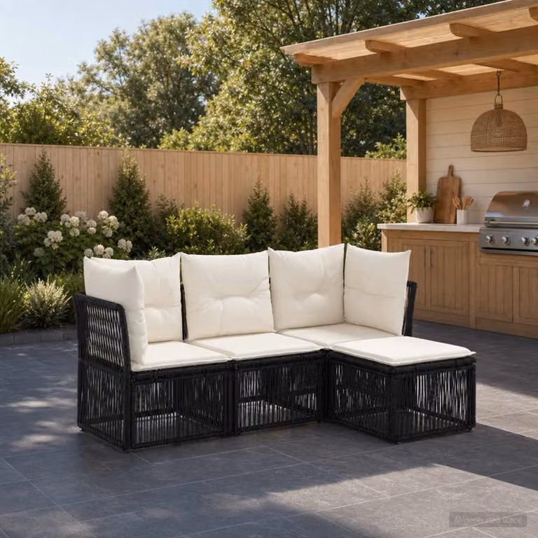 Set Divano da Giardino vidaXL 4 pz a Forma a L con Poltroncina e Cuscini Nero in Polyrattan e Metallo