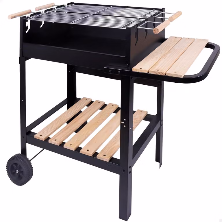 Griglia per carbone portatile con doppia griglia, in metallo, dimensioni 100,5 x 40 x 88,5 cm, 3 altezze regolabili, 2 ruote per un facile trasporto