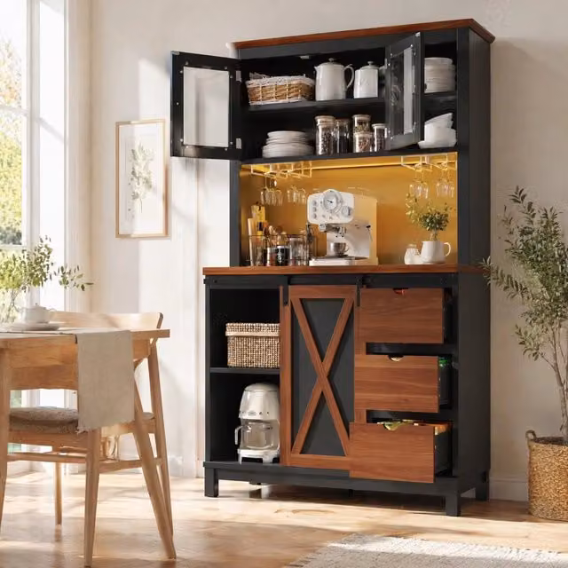 ARMADIO DISPENSA Alto 104x40x180 cm Nero Vetro e MDF con LED
