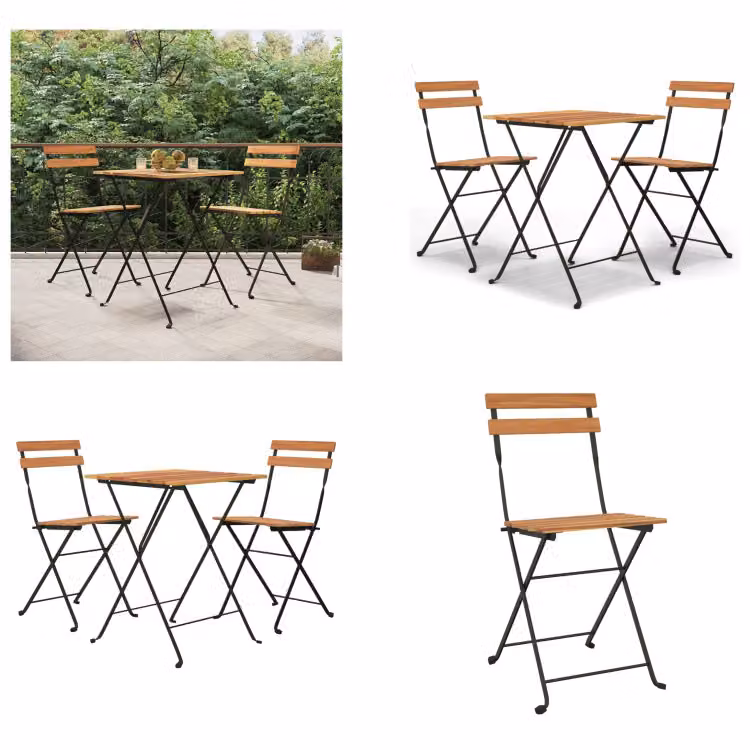 vidaXL Set Bitro 3 pezzi pieghevole in legno massiccio Teak e acciaio - Set Bistro - Set Bistro - Set Bistro pieghevole - Set arredo giardino