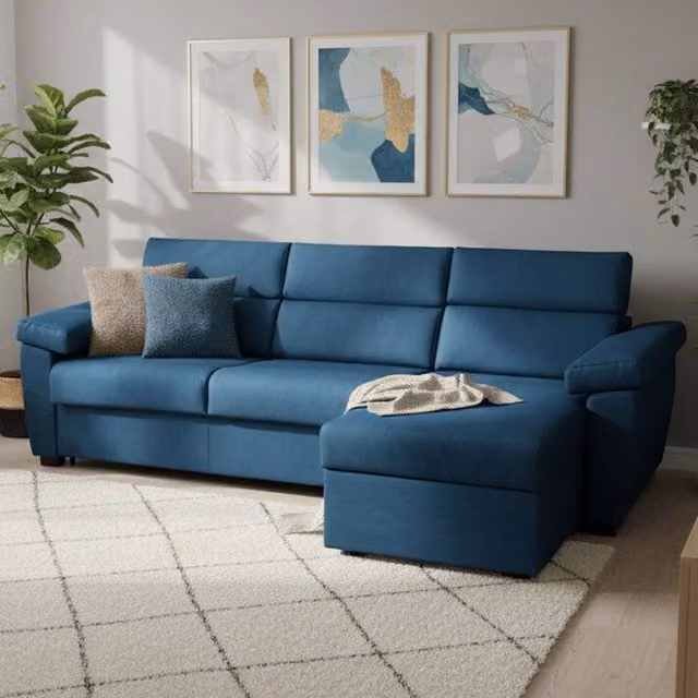 Divano Letto Priverno DMORA con Penisola Sfoderabile Made in Italy, L/P: 285 x 160 cm, Blu