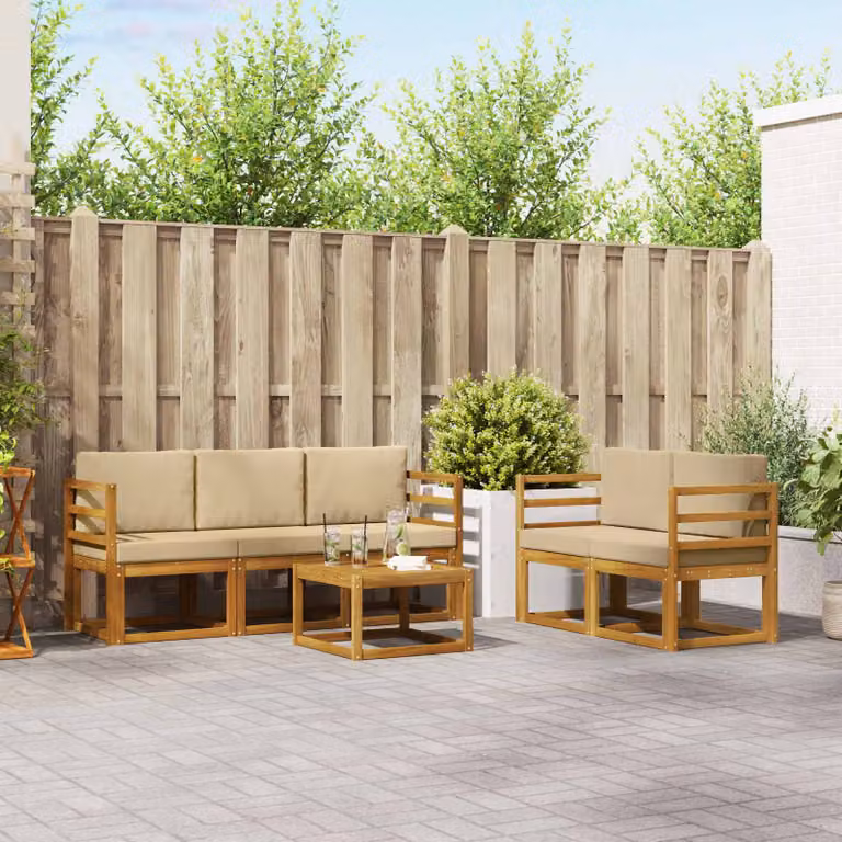 Set di divani da esterno vidaXL 6 pezzi in legno di acacia con cuscini beige e tavolo da caffè per giardino e terrazza