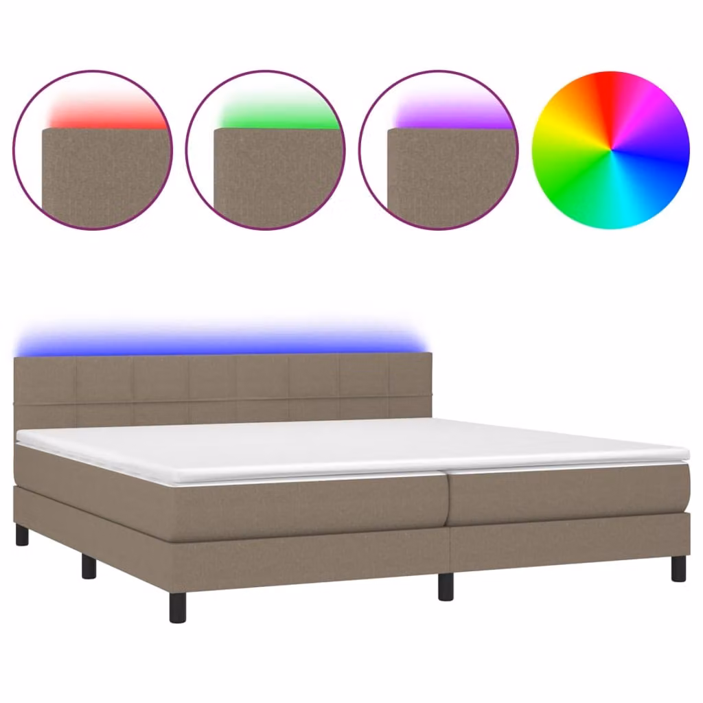 Letto a Molle Materasso e LED tortora 200x200cm in Tessuto