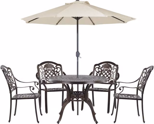Set da pranzo da giardino Beliani in alluminio marrone con tavolo quadrato, 4 sedie e ombrellone in stile retrò