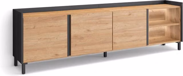Mobile TV Soggiorno, 207x61x35 cm, Per TV fino a 80", Design industriale, LED, Rovere e nero