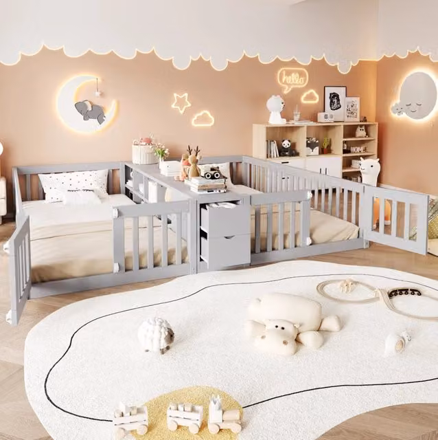Letto per bambini con 2 posti letto 90 x 200 cm; cassetti e ripiani aperti; grigio