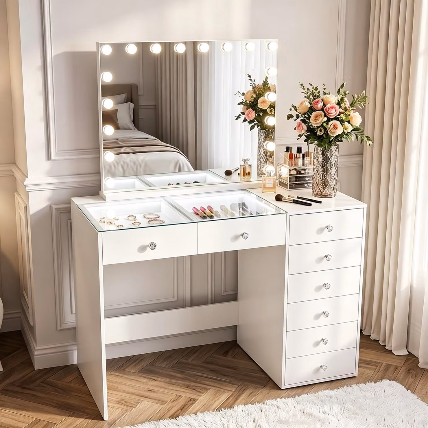VANITII, tavolino da trucco con specchio illuminato, 8 cassetti, bianco, 120 x 55 x 139 cm