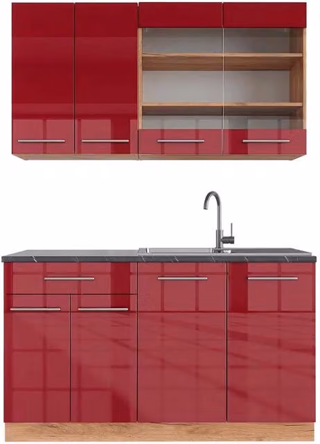 Cucina completa Fame-Line Bordeaux lucido/Rovere dorato 140 cm, PL Antracite Vicco