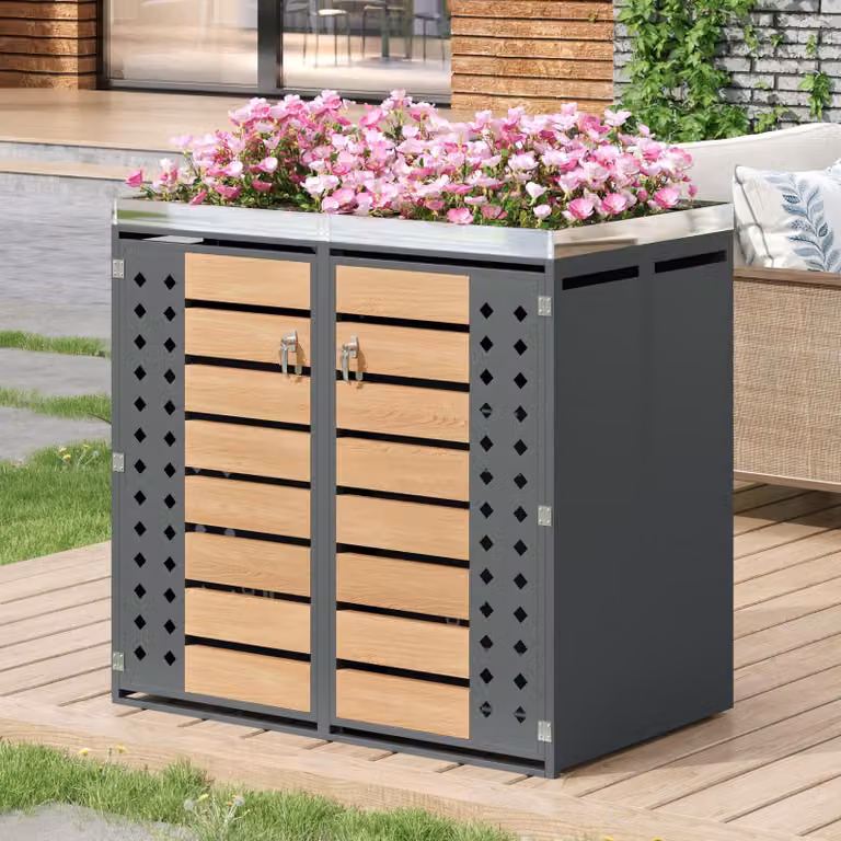 Box per bidoni della spazzatura Merax con fioriera e ante traforate a forma di rombo, rivestimento per bidoni della spazzatura con venature del legno, chiudibile a chiave, doppie ante per giardino