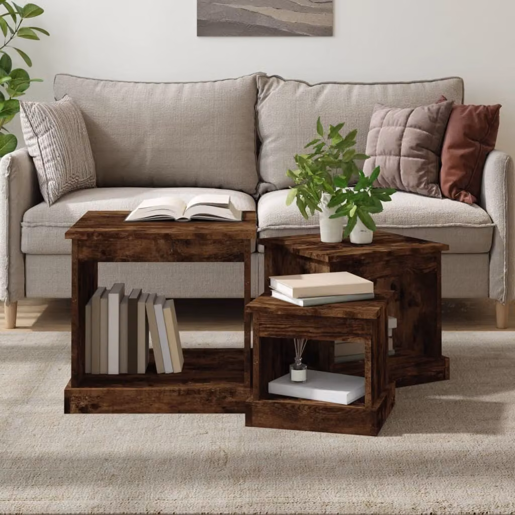The Living Store Tavolini 3 pezzi. Materiale a base di legno di quercia affumicata