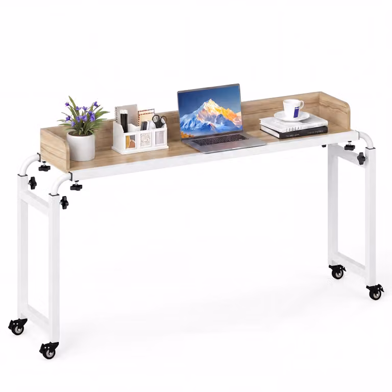 COSTWAY Tavolino da letto con rotelle, tavolino da letto regolabile in altezza e lunghezza, tavolino per la cura con pannello fonoassorbente, scrivania, tavolino per computer e laptop, colore naturale