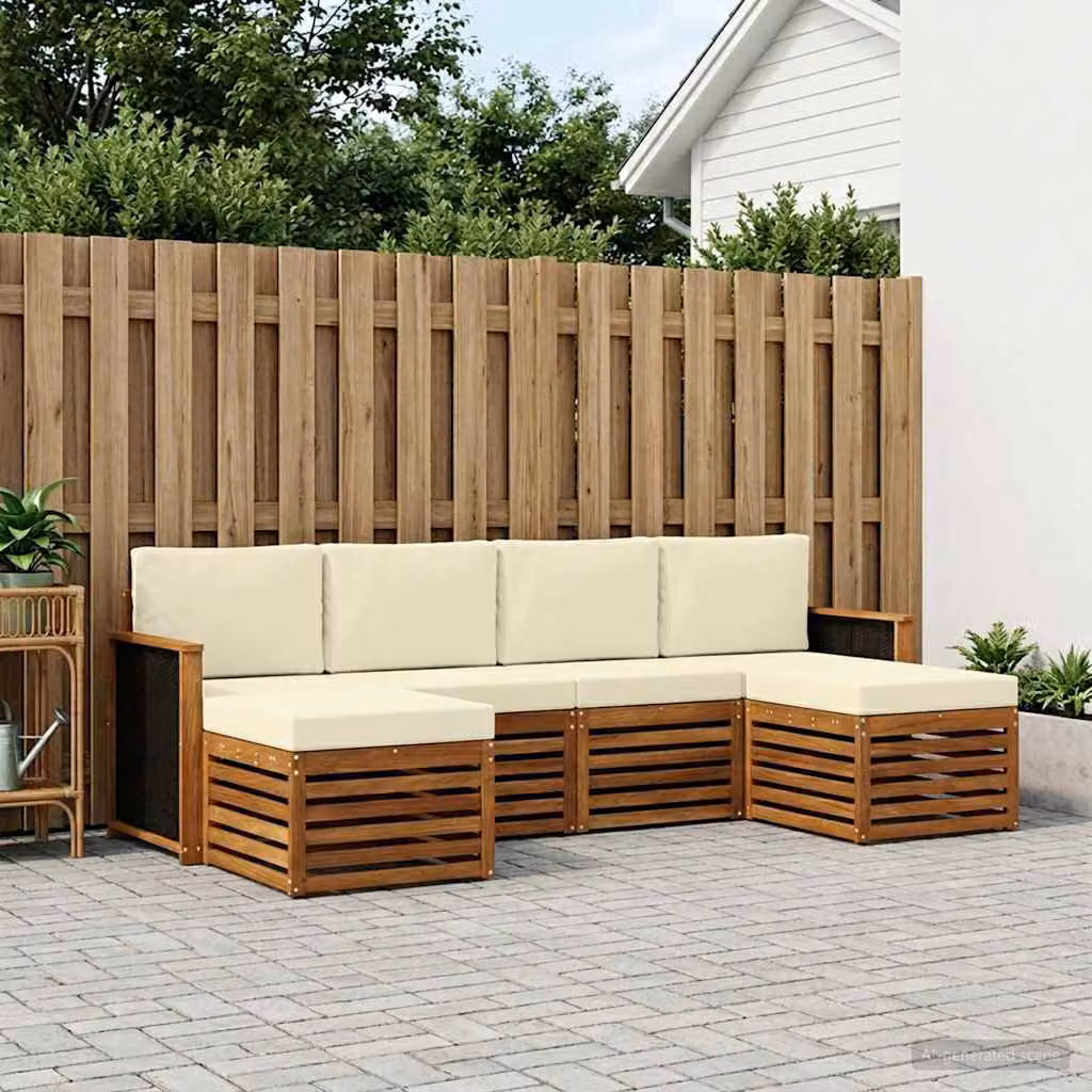 Set di divani da esterno vidaXL a forma di L in legno di acacia con cuscini beige e marrone