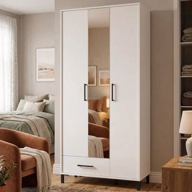 Armadio da camera da letto DMORA con ante a specchio e ripiani interni, design moderno in finitura bianco opaco, L: 93 cm, H: 192,5 cm