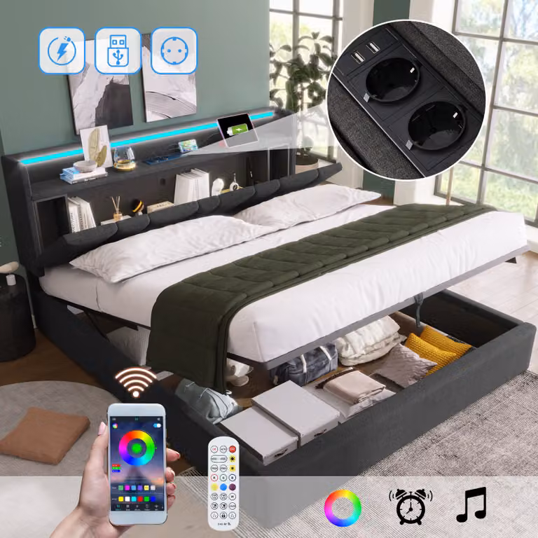 Letto imbottito Flieks 160x200cm con rete a doghe, letto a molle idrauliche con contenitore, letto matrimoniale con testata contenitore e LED, lino, grigio