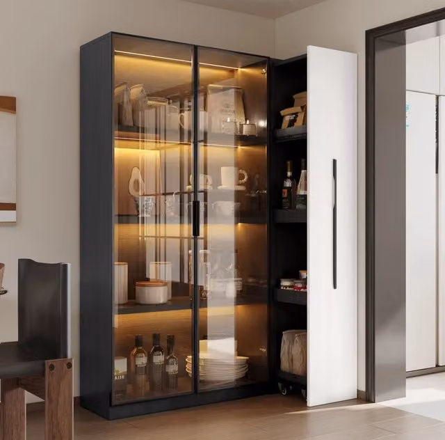 Vetrina libreria ULEVR 110,5x35x160 cm con LED, anta in vetro e ripiano estraibile su ruote, bianco e nero