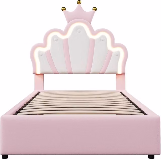 Letto imbottito 90x200 cm con tubolare LED, meccanismo idraulico, testiera regolabile, PU rosa a forma di corona