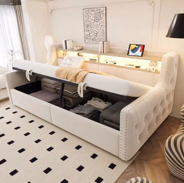 Divano letto imbottito 90 x 200 cm con contenitore idraulico; LED; USB e velluto beige