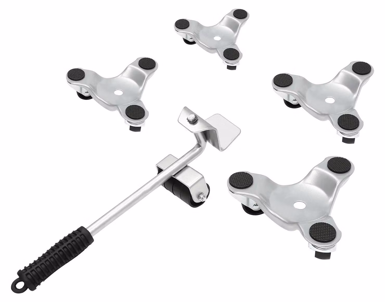 Set per il trasporto di mobili - Set di 4 rulli per mobili - Ruote universali rotanti a 360° - Con leva e protezioni antiscivolo - Capacità di carico: 200 kg - Acciaio al carbonio e PP - Argento