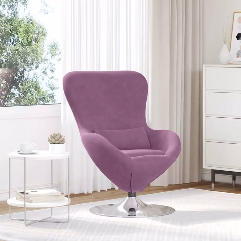 Poltrona uovo moderna vidaXL in velluto viola con struttura in metallo e seduta girevole 360 gradi