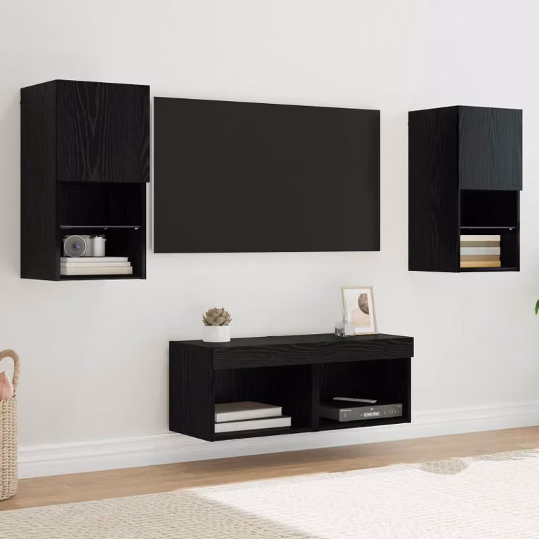 Set di 4 mobiletti TV da parete vidaXL moderni in legno ingegnerizzato e vetro, colore nero opaco, con illuminazione integrata e scomparti multimediali