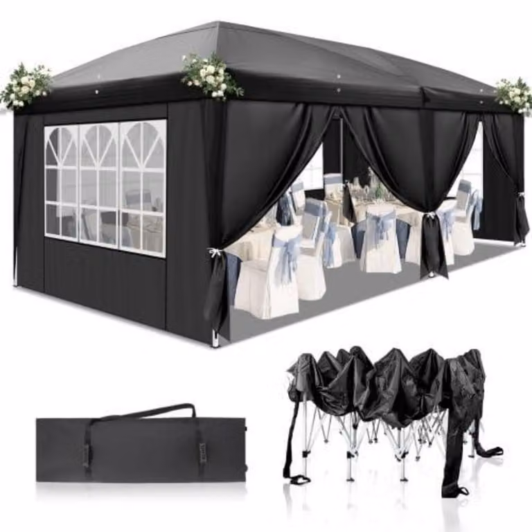 Tenda da festa 3x6 metri, altezza regolabile, impermeabile, con 6 pannelli laterali, colore nero