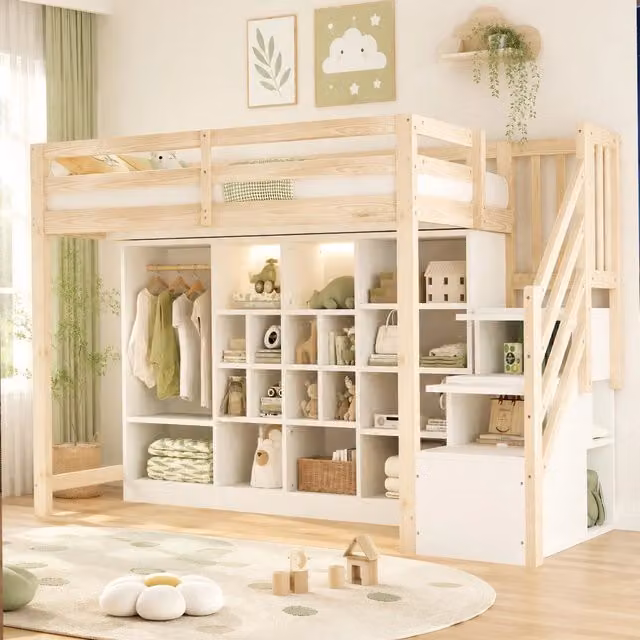 Letto a soppalco singolo MIVRAY in legno e MDF bianco e beige con armadio, ripiani, scala contenitore e illuminazione LED, L/P: 90 x 200 cm, H: 252,7 cm