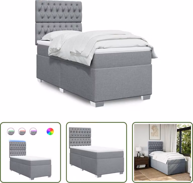 The Living Store Letto a molle con materasso grigio chiaro 90x200 cm in tessuto