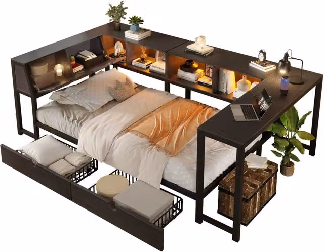 Letto singolo 90x200 con scrivania integrata, contenitore, 2 cassetti e LED multicolore, struttura in metallo nero