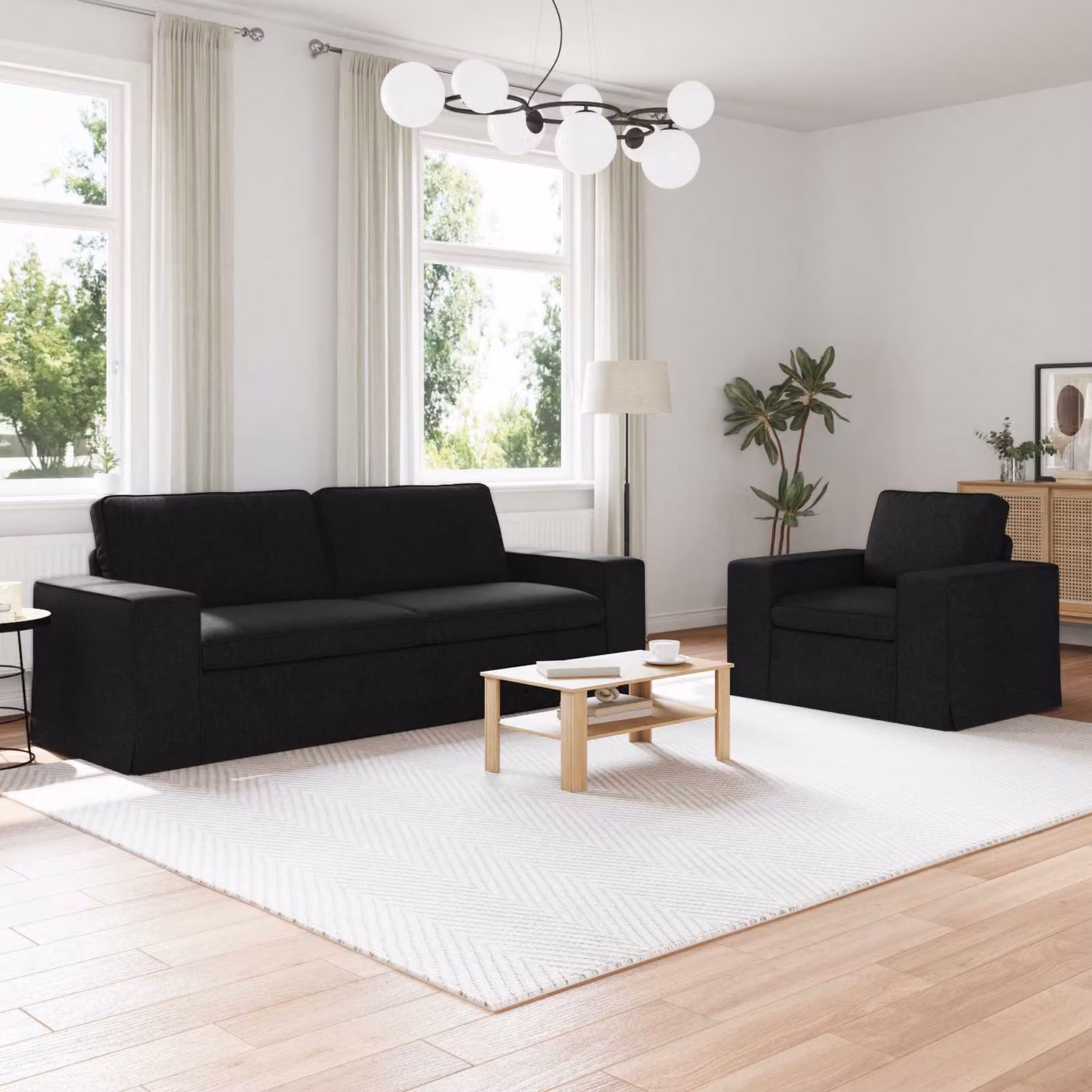 Set di 2 divani moderni vidaXL in tessuto nero con struttura in metallo L: 222 cm, P: 82 cm, H: 80 cm – 1