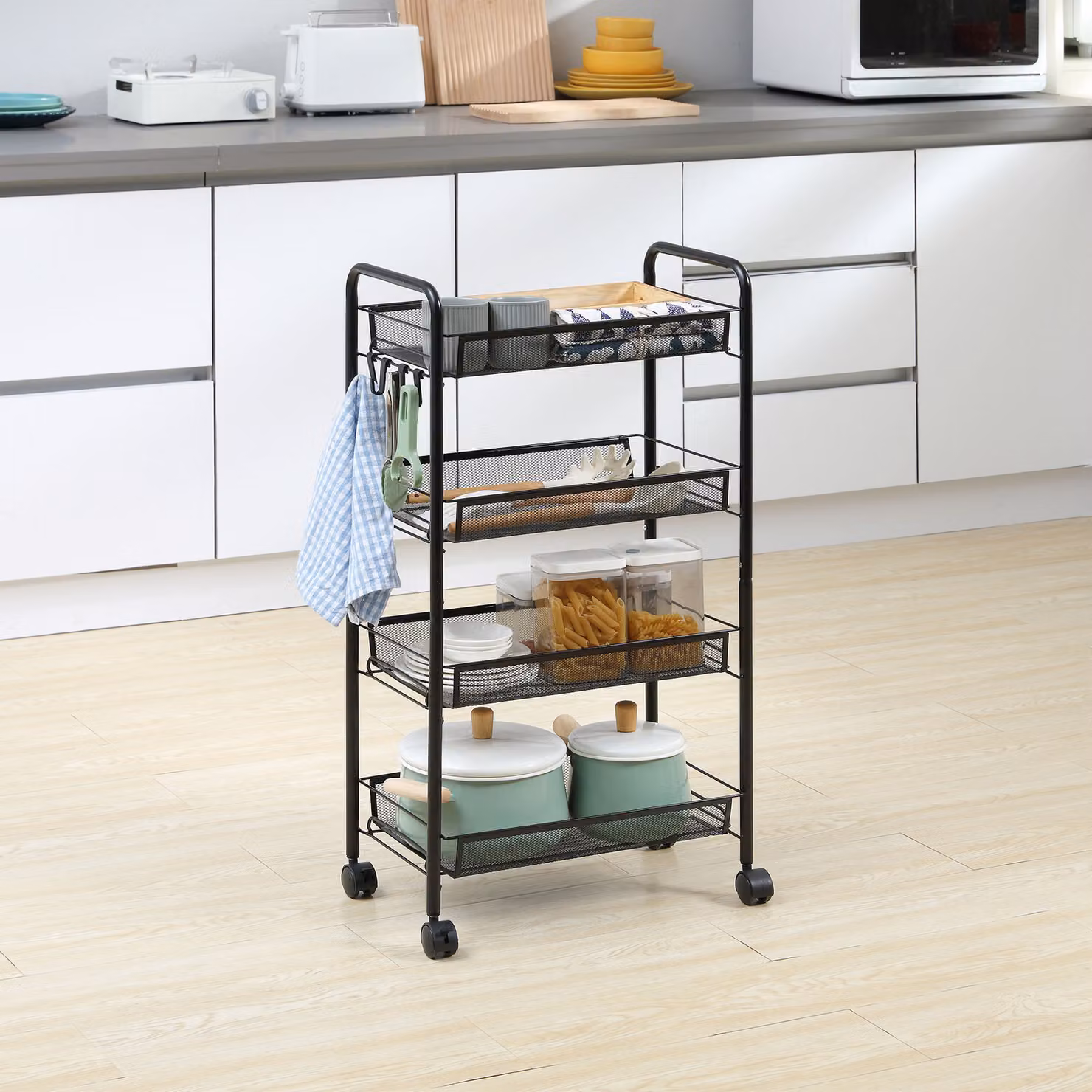 Carrello da cucina HOMCOM con 4 ripiani rimovibili, ganci e ruote, in metallo e plastica, Nero, L 45 cm x P 26,5 cm x H 84 cm – 2
