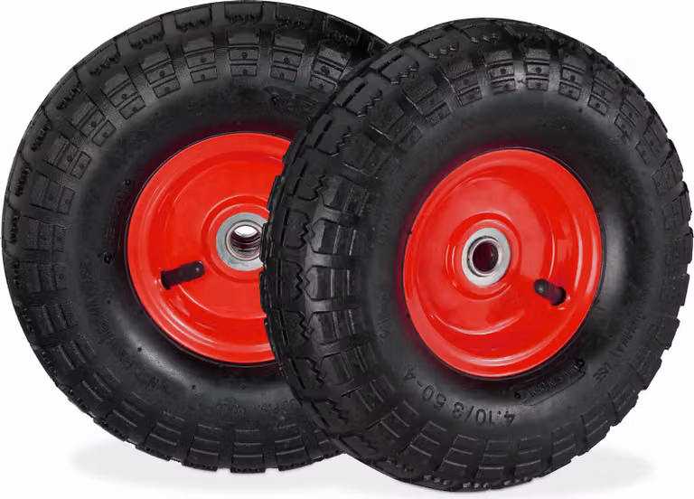 4 ruote per carrello a mano 4.1/3.5-4, ruote di ricambio con pneumatici, per asse da 16 mm, fino a 136 kg, cerchio in acciaio, 260x85 mm, nero-rosso