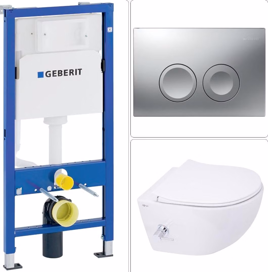 SAT Aquacare WC doccia sospeso senza bordo con sedile SoftClose, isolamento acustico ed elemento pre-murale GEBERIT BASIC + piastra di risciacquo DELTA25 cromo