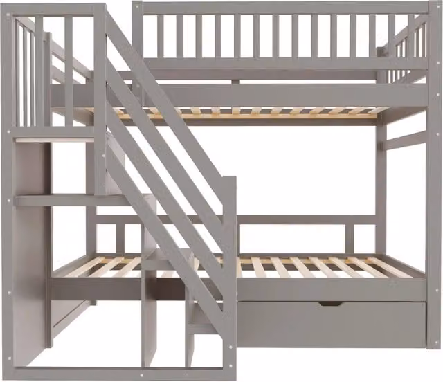 Letto a Castello in Legno Massiccio 90x200 cm con Scala Sicura e Cassetti, Grigio