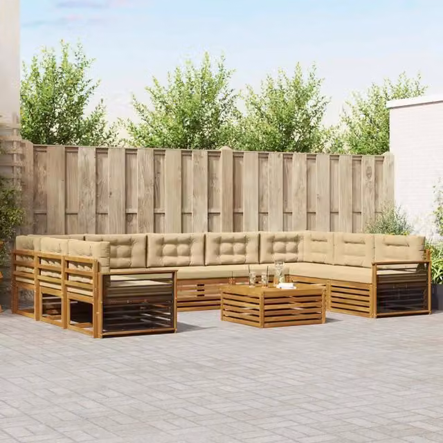 Set di divani da esterno a L vidaXL in legno di acacia con cuscini beige e tavolino da giardino