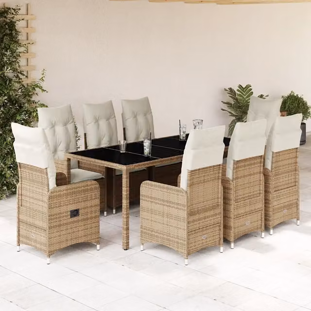 Set da Bistrò da Giardino vidaXL in Polyrattan con Cuscini Beige e Tavolo in Vetro, 9 Pezzi