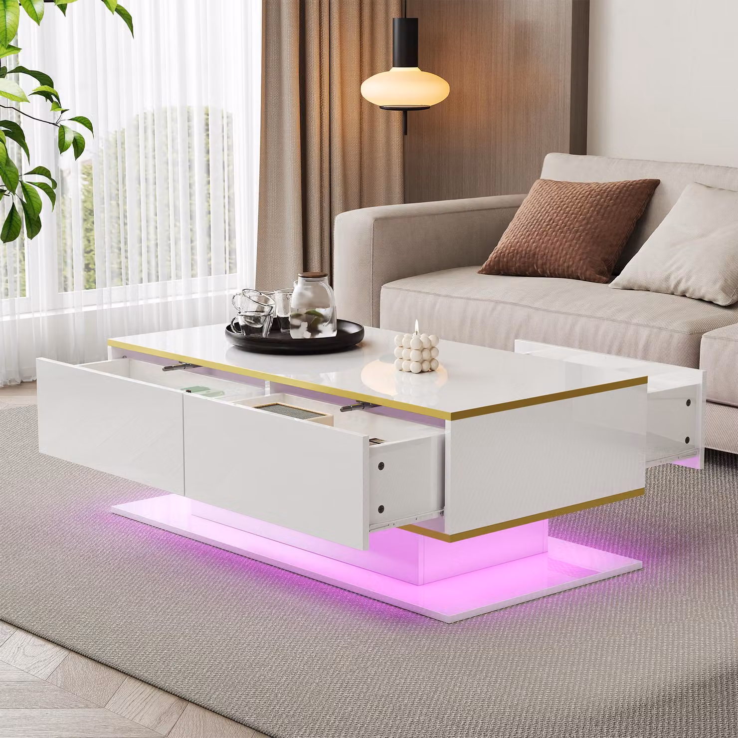 Tavolino LED lucido Merax con decori dorati, tavolo da soggiorno con 3 cassetti e 1 ripiano aperto, tavolo da pranzo con strisce decorative dorate, bianco