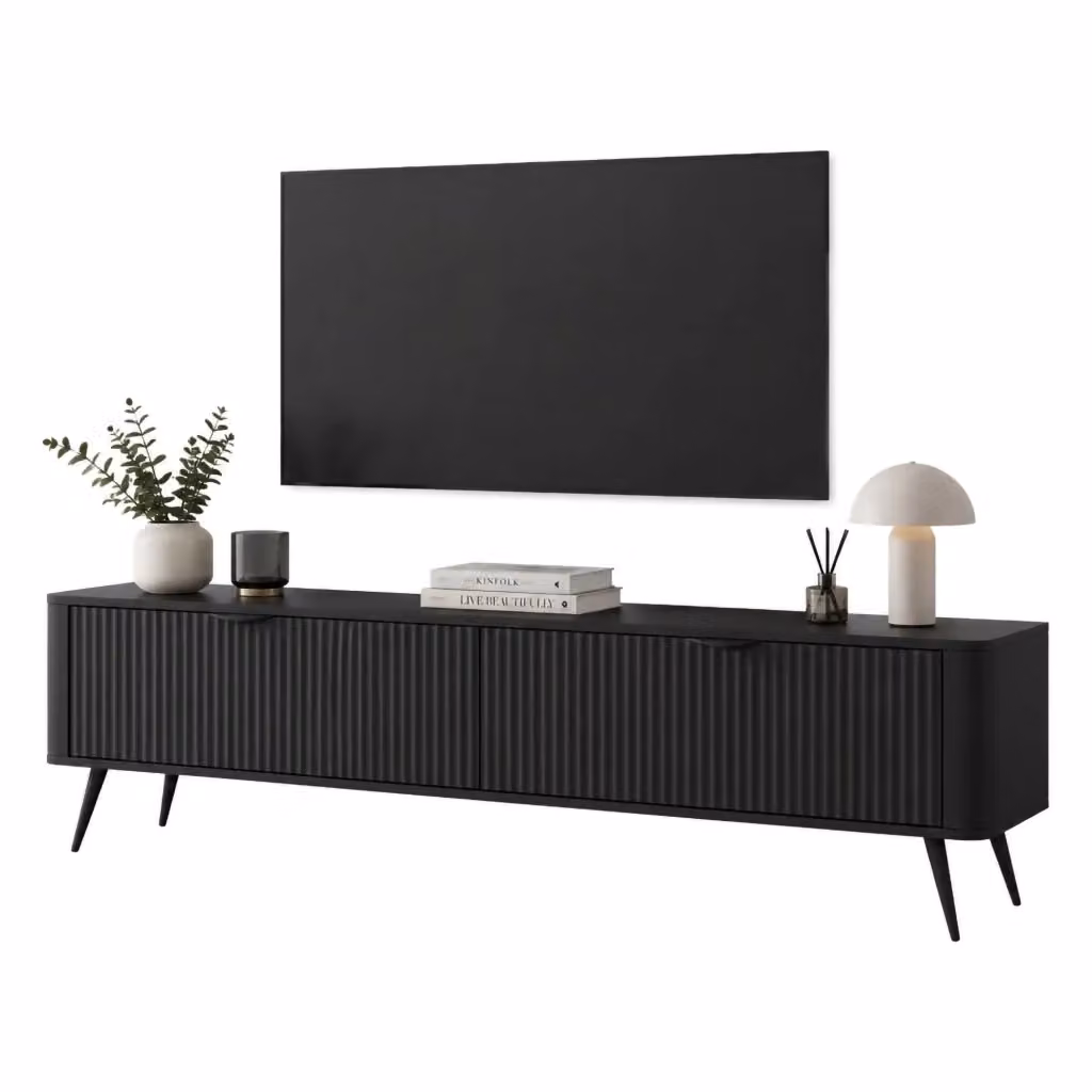 Mobile porta TV Kalase DMORA con 2 ripiani in legno e metallo, colore nero, L 163 cm x P 38 cm x H 51 cm – 2