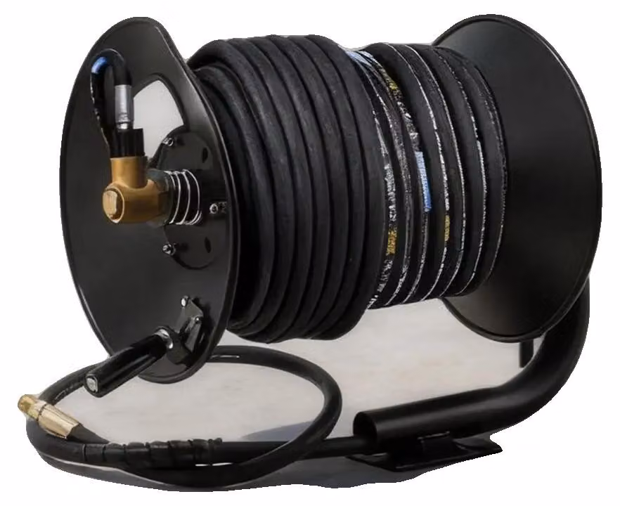 Idropulitrice con avvolgitore per tubo, struttura in acciaio con rivestimento a polvere, capacità del tubo di 45 metri, dimensioni 35 cm x 34 cm x 42 cm, attacco M22x1.5, sistema di sicurezza con perni
