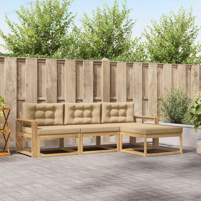 Set di divani da esterno a L vidaXL in legno di acacia con pouf e cuscini, Bianco, Beige e Marrone