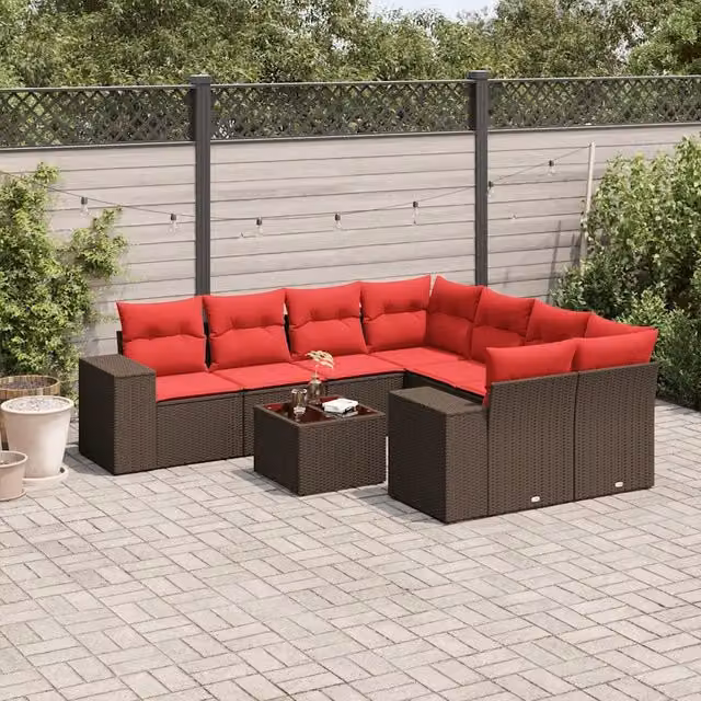 Set Divani da Giardino 9 pz con Cuscini Marrone in Polyrattan 3222363