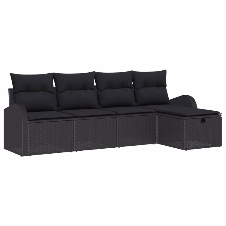 Set di divani da giardino vidaXL a forma di L con 5 pezzi, colore nero, in rattan con struttura in metallo e cuscini inclusi con contenitore per archiviazione