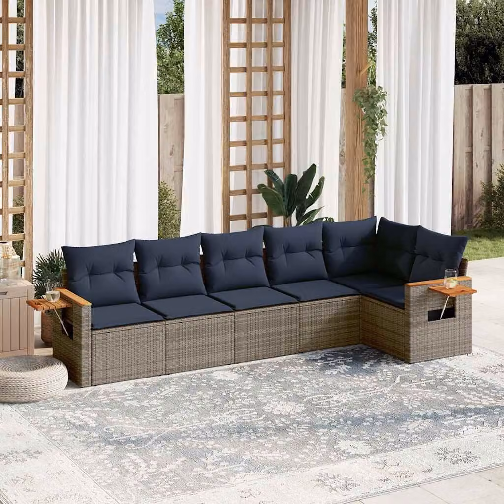 Set Divani da Giardino vidaXL 6 pz a Forma a L con Cuscini Blu e Grigio in Polyrattan e Legno di Acacia – 1